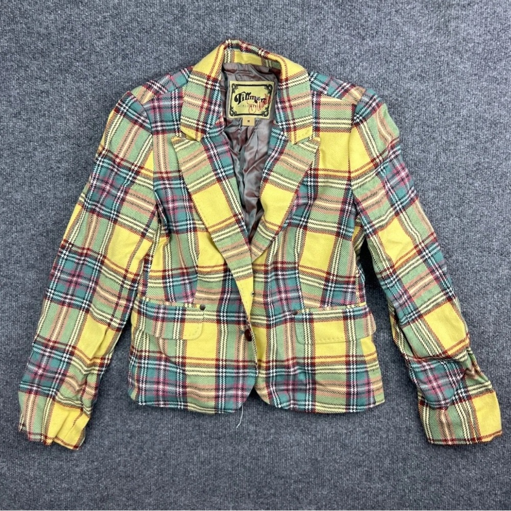 Fillmore Studio Wool Jacket Women's L Yellow Blue Plaid Blazer Button Pocket NWT